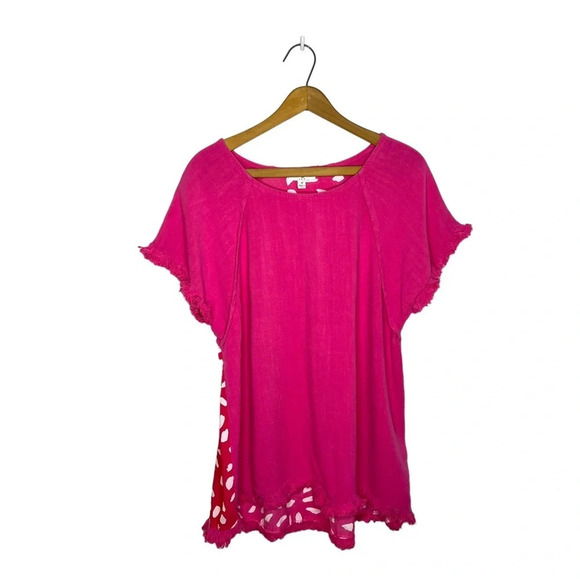 UMGEE Barbiecore Mixed Media Print Fringe Sleeve Pink Short Sleeve Tunic Blouse - Picture 3 of 8